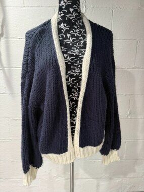 EDIKTED Navy Blue & Cream Contrast Chunky Knit Open Front Cardigan XS/S